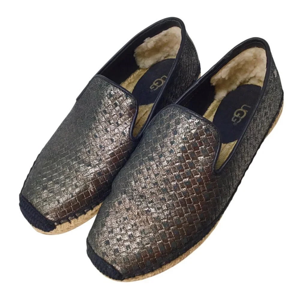 Ugg Sandrinne Espadrille Size 5 Basket Woven Flats Black Gold Metallic 1010196